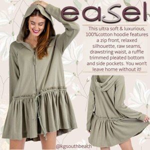 EASEL Lux Cotton Zip Front Hoodie Drawstring Waist Ruffled Trim Raw Seams SOFT!